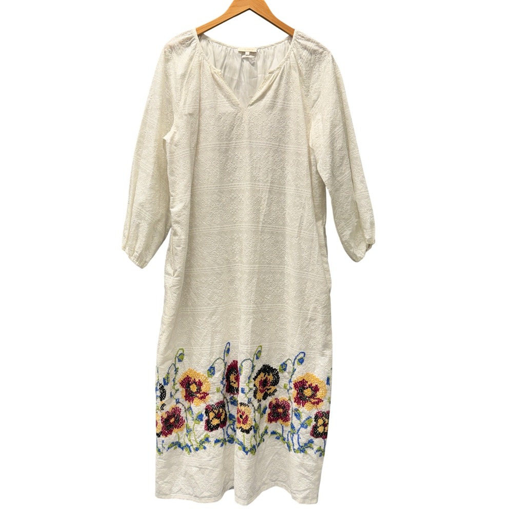 Ann Mashburn Dress Womens L Embroidered Floral Maxi White Boho Lined + Pockets